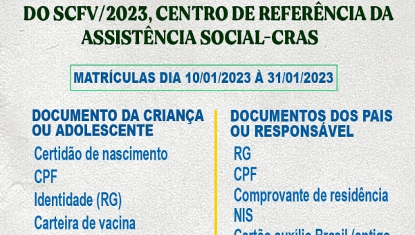 Renovação de Matrícula dos Grupos do SCFV/2023, Centro de Referência da Assistência Social-CRAS 